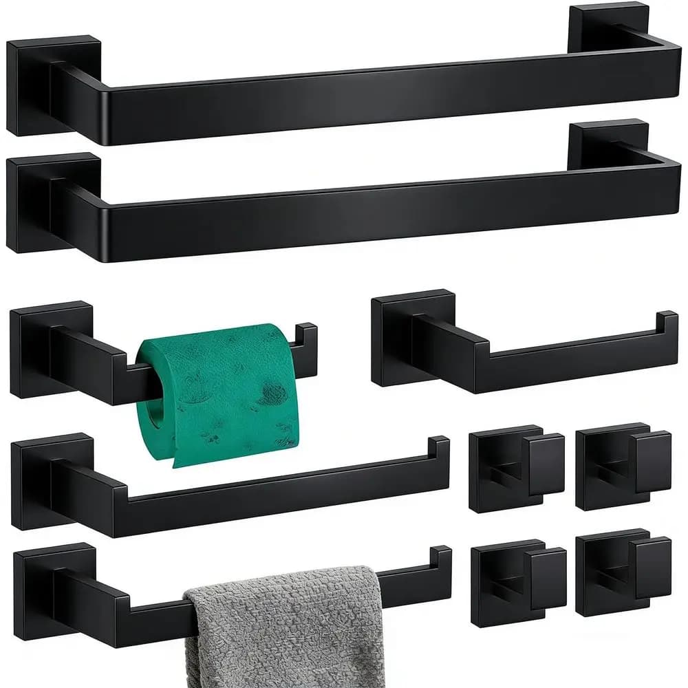 Set di accessori per il bagno nero opaco da 10 pezzi con barre porta asciugamani, supporti e ganci