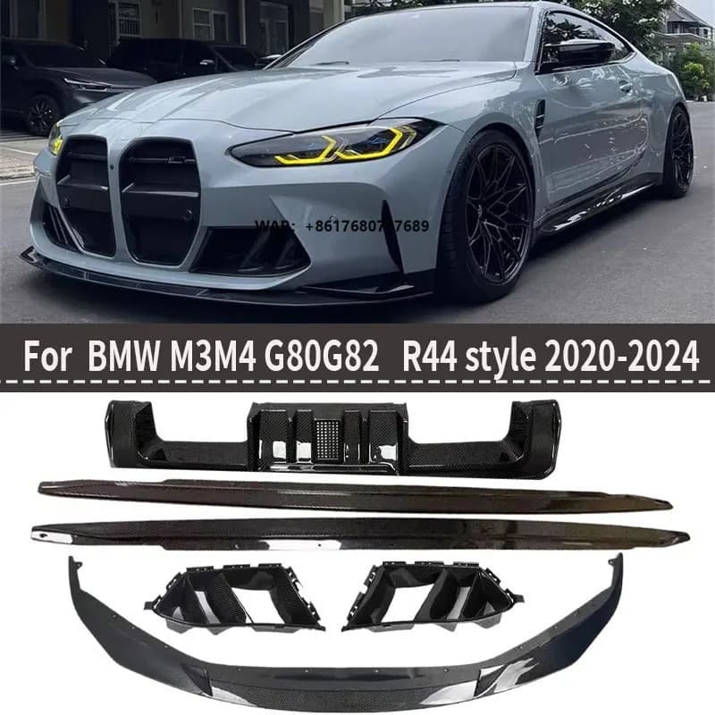 New R44 Style Carbon Fiber Bumper Kit Front Lip Splitter Rear Diffuser Side Skirts for M3/M4/G80/G82 2021-2025 Glossy Black