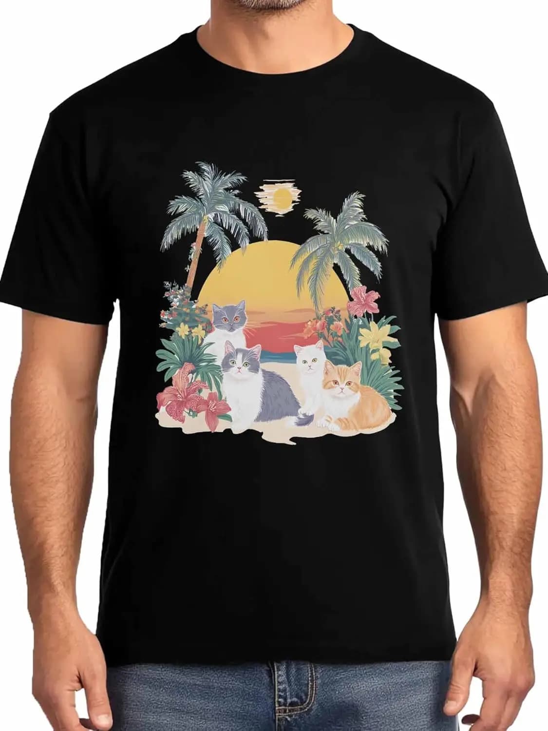 T-shirt da uomo Summer Cat Floral Tree, magliette a maniche corte da uomo, magliette girocollo da uomo a tema spiaggia
