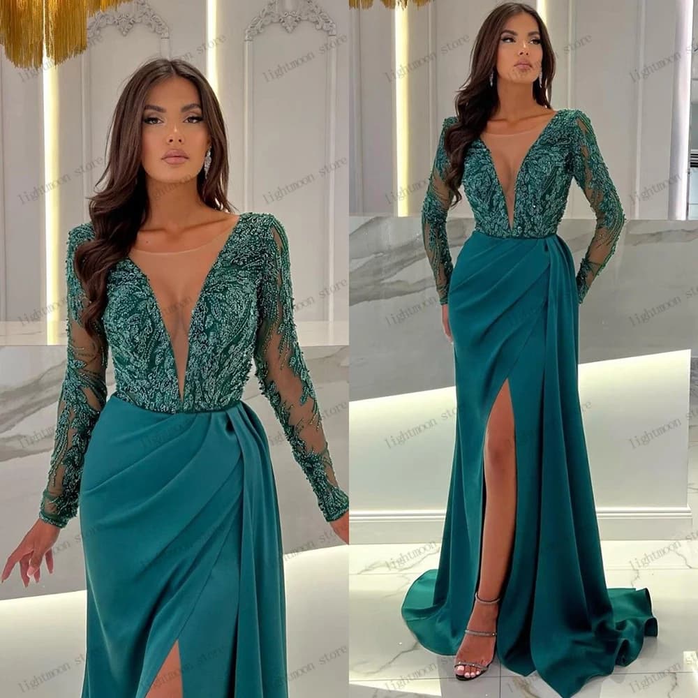 Gorgeous Evening Dress Pretty Prom Dresses Beading Appliques Deep V Neck Sexy High Slit Robes Vestidos De Gala Customized 2025
