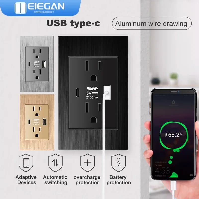 ELEGAN Pannello in alluminio spazzolato Prese standard US TH Adattatore per spina per elettrodomestici intelligenti da parete USB Type-c 20W Ricarica rapida