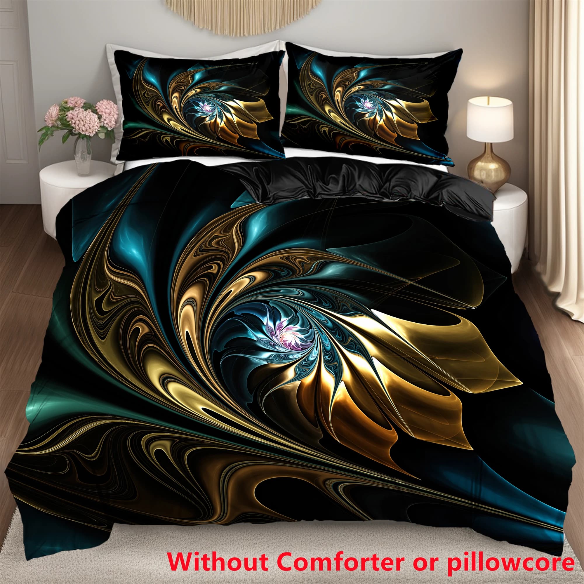 Set biancheria da letto floreale nero e dorato stampato in 3D Set copripiumino morbido e confortevole Federa Set copripiumino di moda moderna di lusso