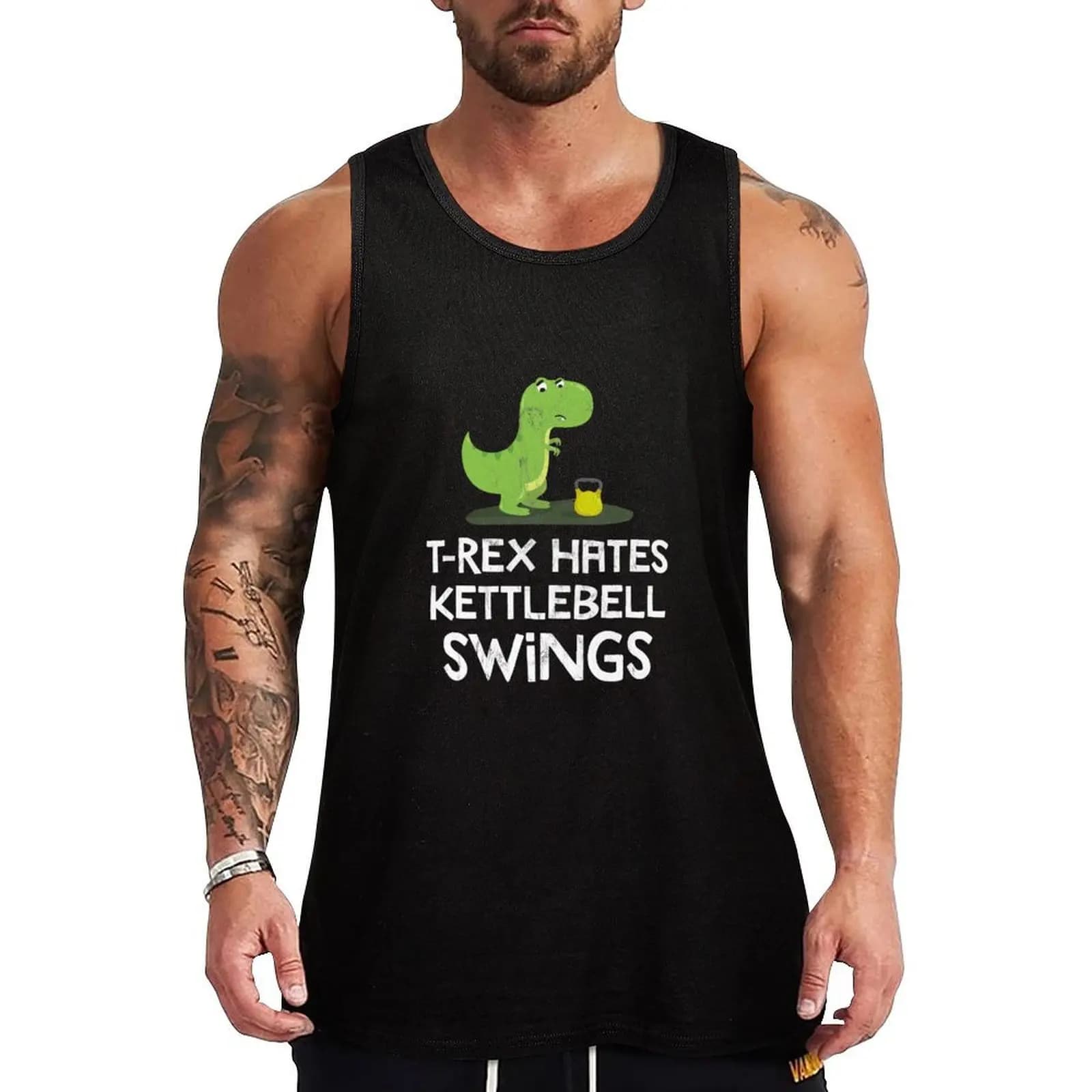 Rex Hates Kettlebell Swings Funny Gym Dinosaur Design Tank Top Funny Print Tank Top Humor Graphic Sleeveless Shirt