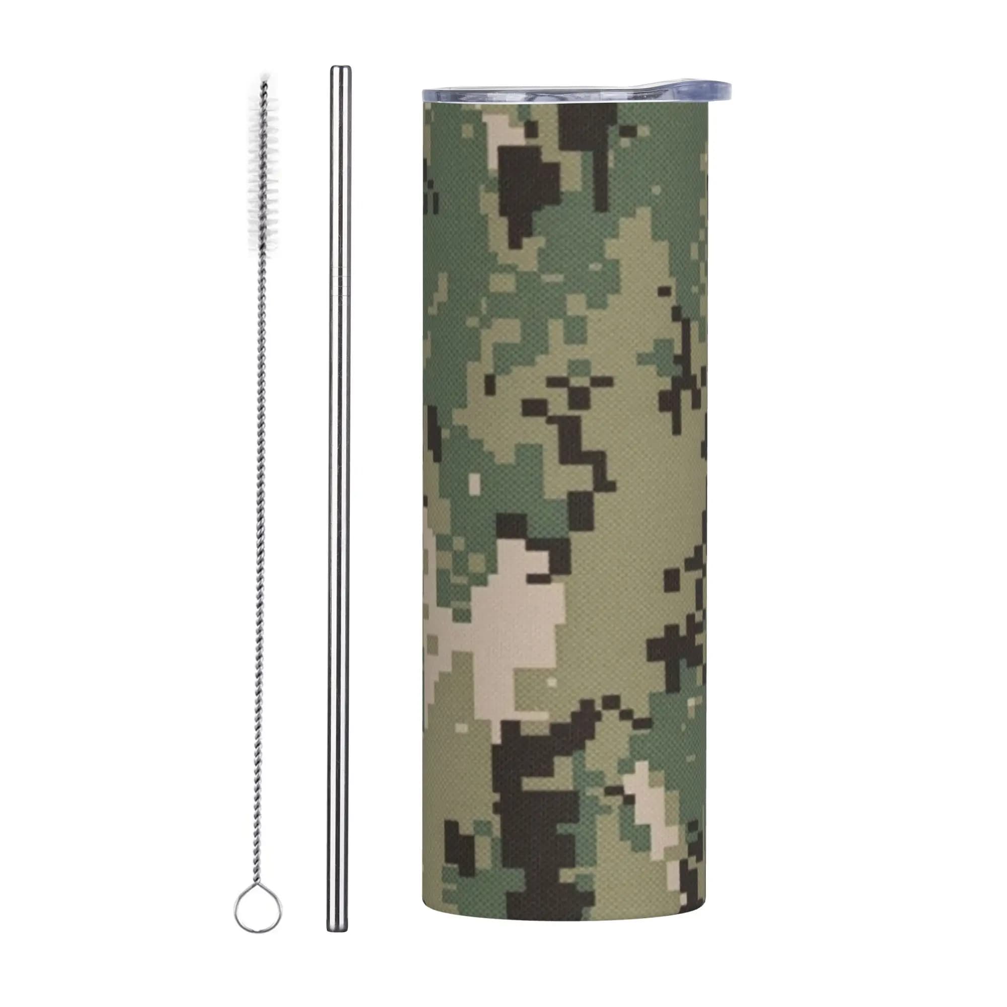 Borraccia Termica NWU Verde Digitale Mimetica con Coperchio, Cannuccia e Etichette, Tazza Sottovuoto Antigoccia, Bottiglia d'Acqua Doppia da 20oz