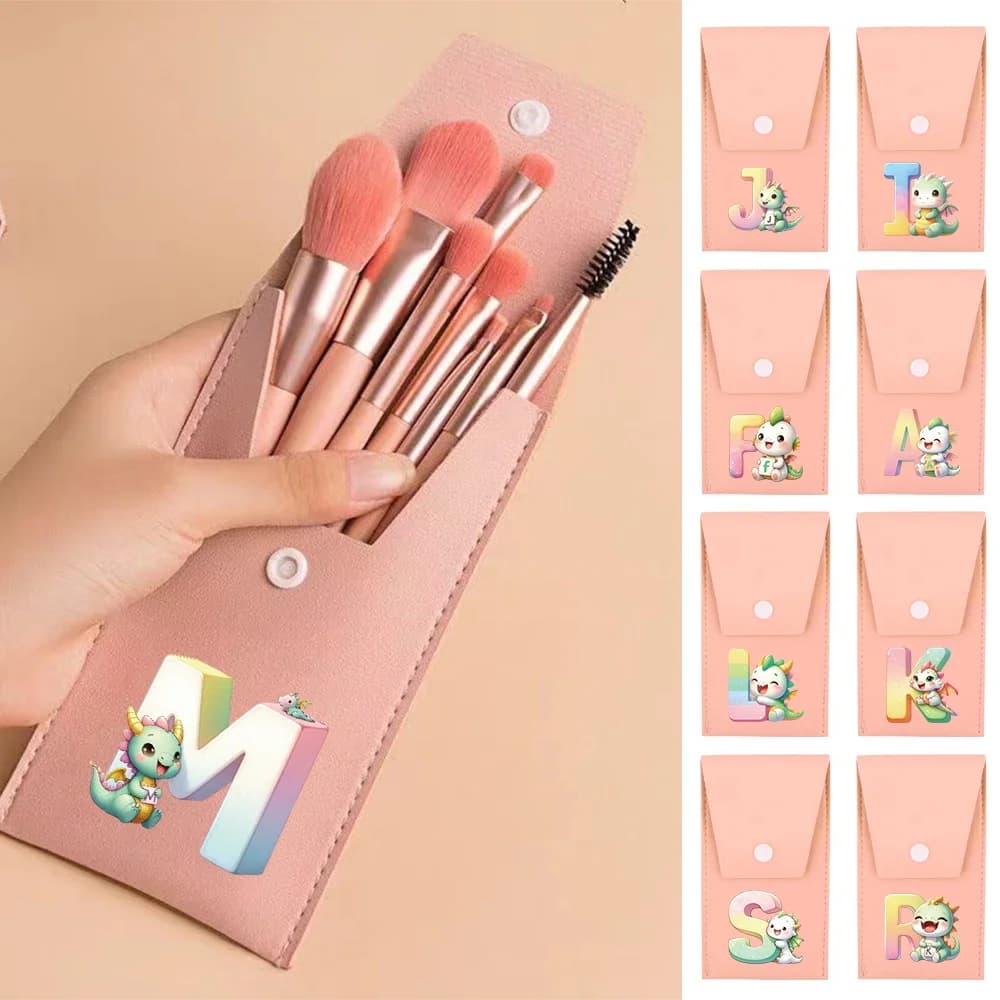 Set di 8 pennelli professionali rosa per trucco, setole sintetiche morbide con custodia da viaggio per blush e ombretto, motivo animale a cartoni animati