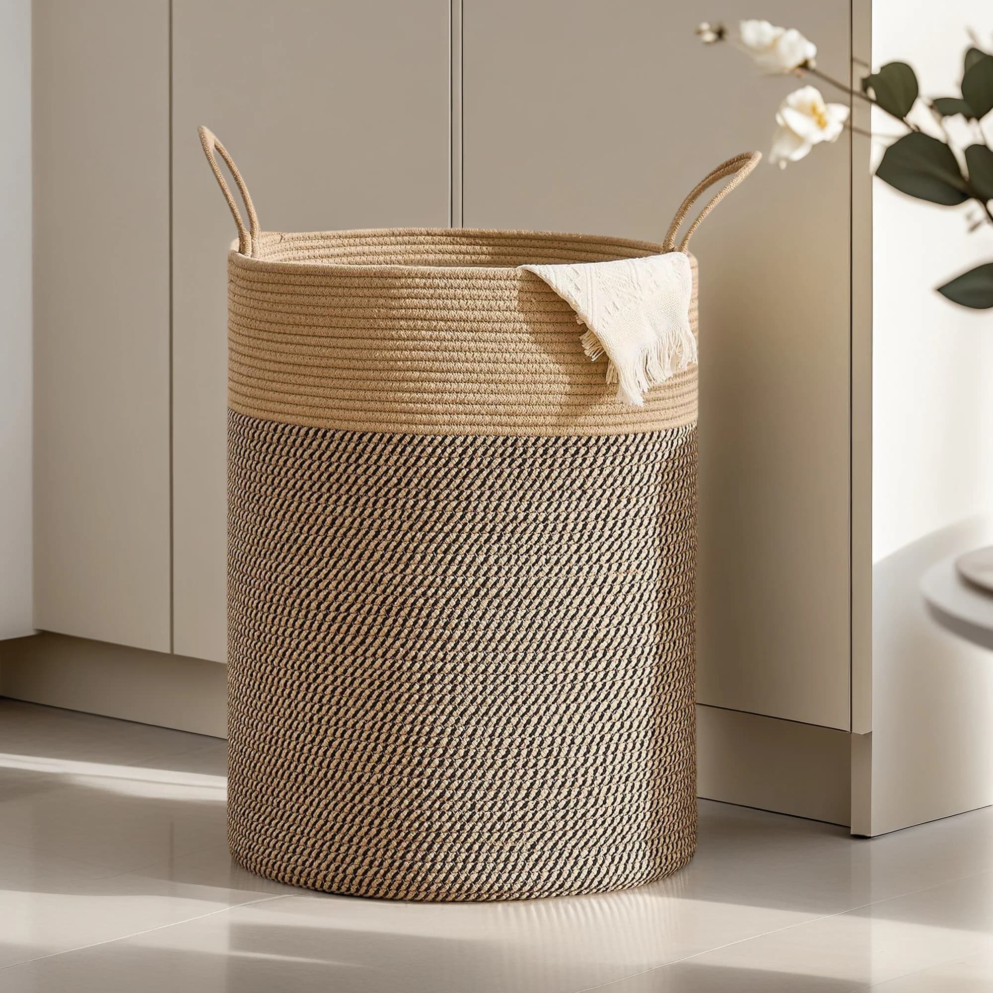 Cesto portaoggetti grande e alto, decorativo, in corda di cotone intrecciata, con manici, pieghevole, per vestiti, giocattoli per bambini, soggiorno