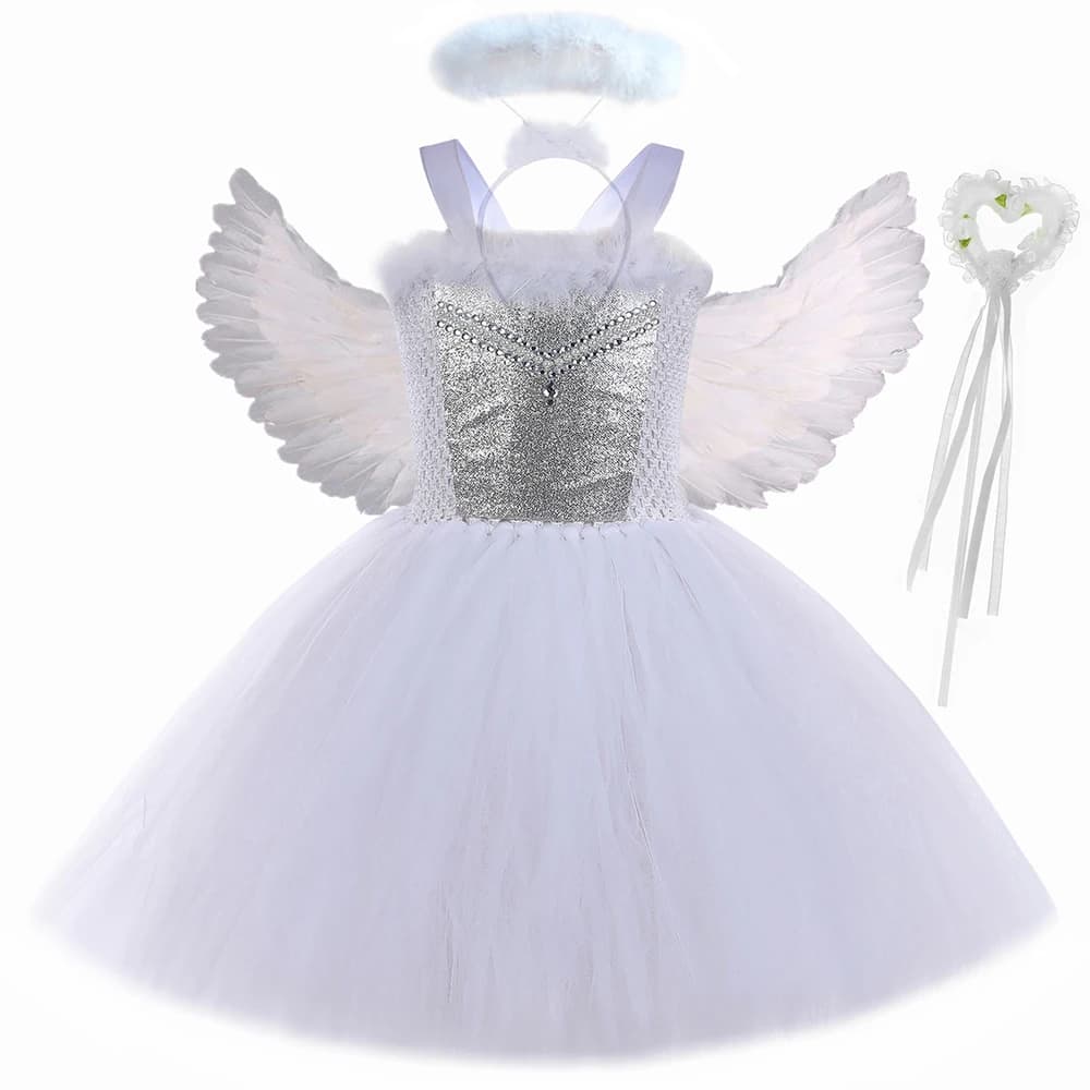 Costume da Angelo Bianco per Bambine, Abito da Principessa Fata con Ali, Fascia per Capelli e Bacchetta, Outfit per Halloween e Feste di Compleanno