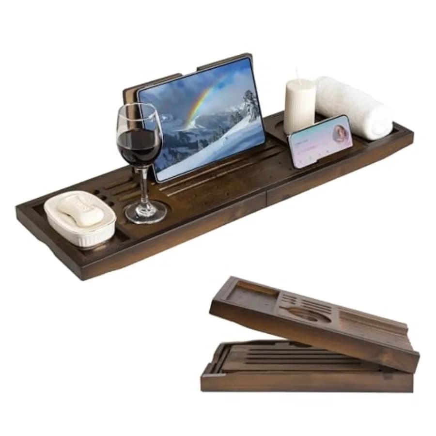 Vassoio da bagno in legno - Vassoio da bagno pieghevole per vasca con manici espandibili Bicchiere da vino e supporto per telefono Supporto per libri - Migliora H