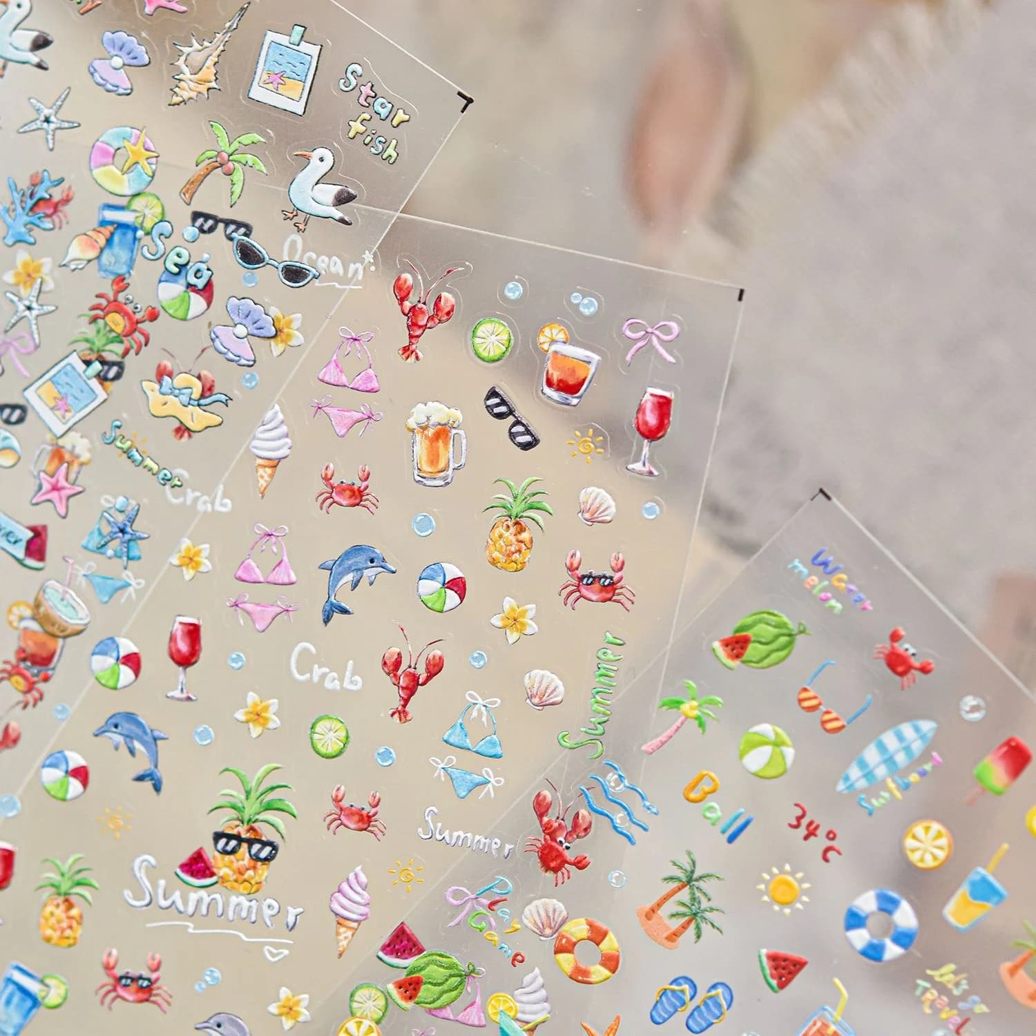 Summer Vacation 5D Nail Stickers Swim Ring Goggles Coconut Tree Wave Little Yellow Duck Watermelon Popsicle Crab Sun Manicure