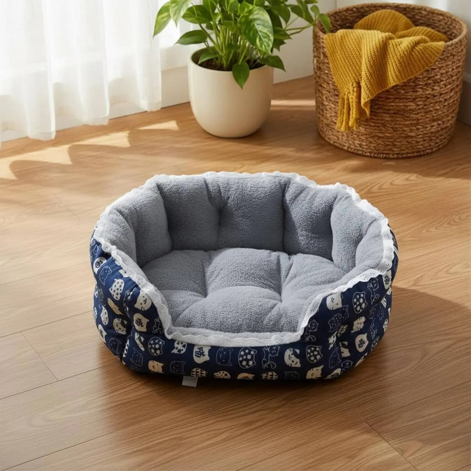Lussuoso Letto per Animali Domestici con Riscaldamento Automatico, Cuscino per Gatti con Bordo in Pizzo, Letto Rotondo per Cani con Base Antiscivolo, Lunga Durata