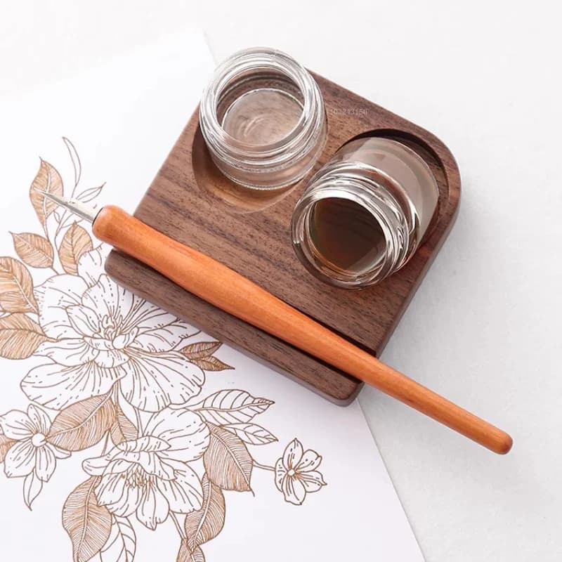 Wooden Pole Glass Dip Pen Ink Holder Sealed Container Art Writing Comics Illustration/watercolor Painting Art Supplies