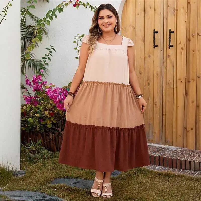 plus Size Women's Casual Splicing Dress 2024 Sweet Style Patchwork A-Line Midi Skirt without Sleeves for Young Women