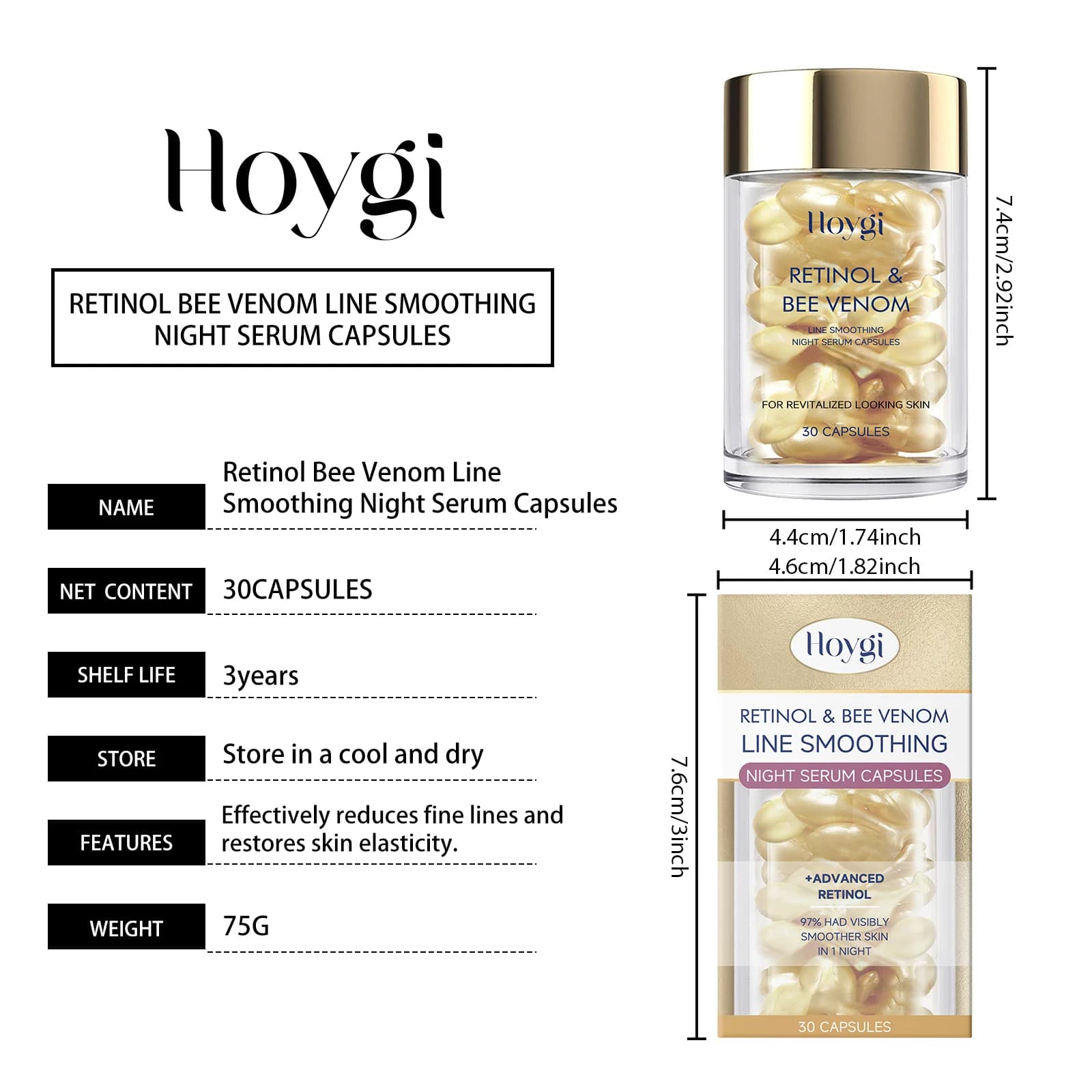 Le capsule facciali al veleno d'api del retinolo di Hoygi idratano delicatamente la pelle del viso, stringe e migliorare la qualità della pelle, capsule idratanti
