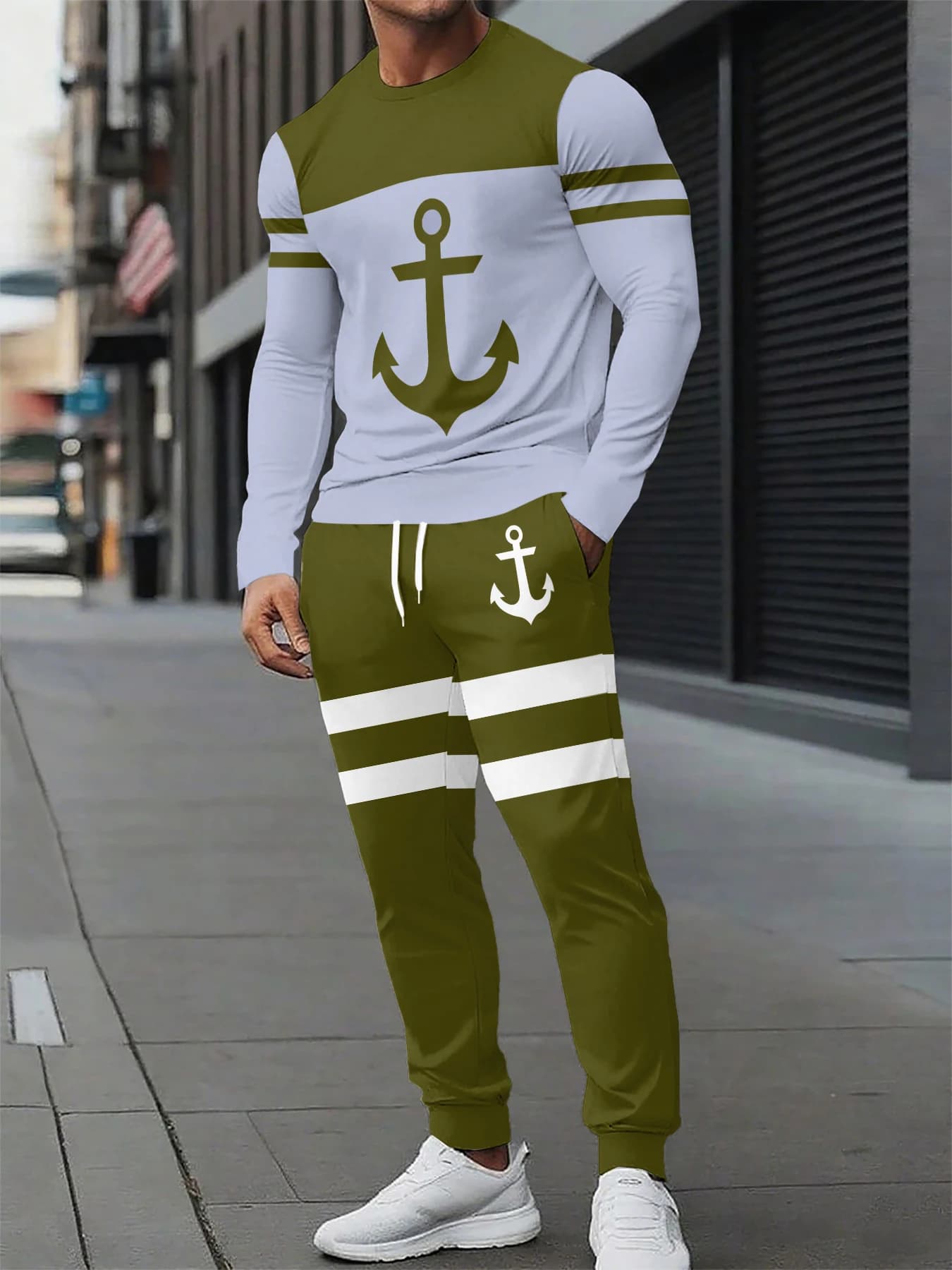 Set Sportivo da Uomo con Stampa 3D di Ancora Nautica, T-Shirt a Maniche Lunghe e Pantaloni Casual, Completo Oversize a 2 Pezzi