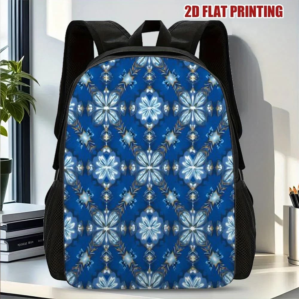 Zaino con stampa fiocchi di neve invernali - Elegante tracolla rimovibile regolabile in poliestere leggero, fiocco di neve blu e bianco