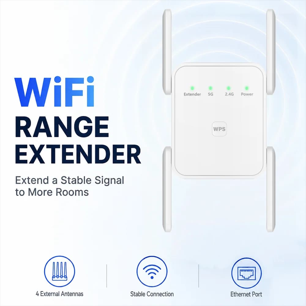 1200Mbps Dual Band WiFi Repeater 2.4GHz 5GHz 4Antennas WPS Function Wall Plug WiFi Range Extender Signal Booster for Home Office