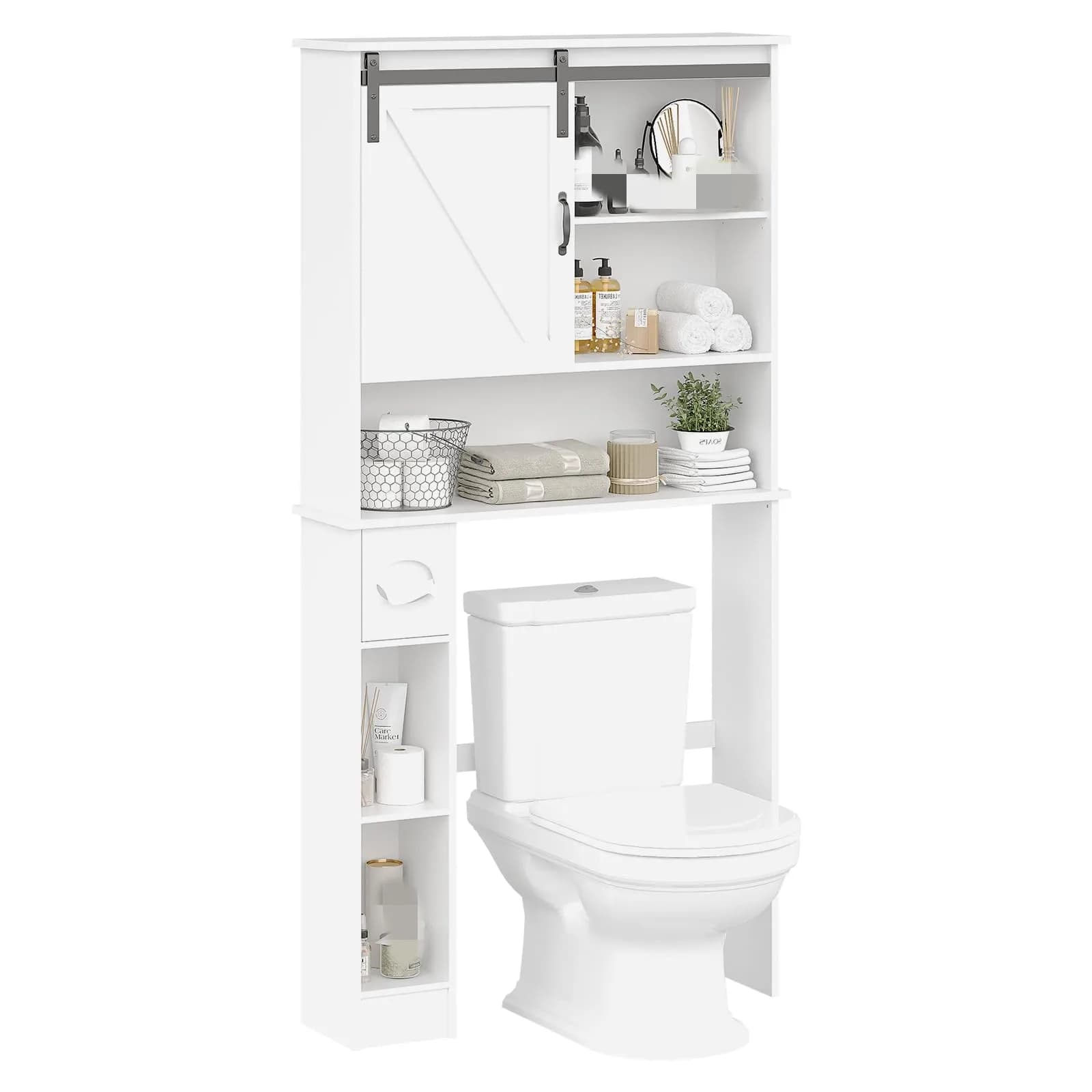 Mobiletto Salvaspazio da Bagno Sopra il WC con Anta e Porta Carta Igienica, Armadietto Alto Salvaspazio da Bagno Sopra il WC