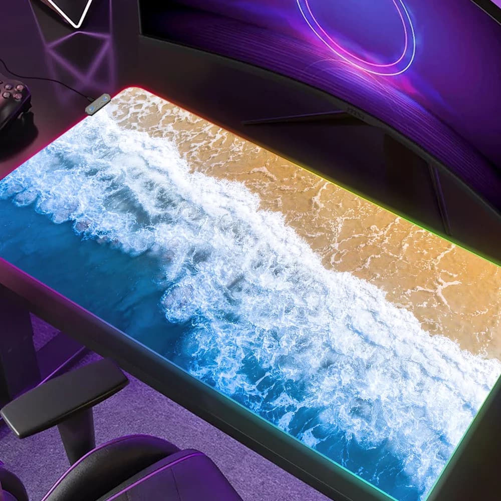 Tappetino per Mouse Ocean SpringSummer Beach Wave, Mousepad da Gaming LED, Tappetini da Tavolo Micro USB Retroilluminati, Tappetini da Scrivania RGB in Gomma XXL