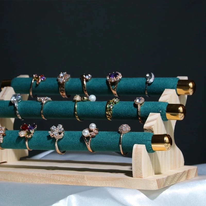 ABQR 3 level wooden jewelry display ring holder, jewelry display with T bar and white organizer