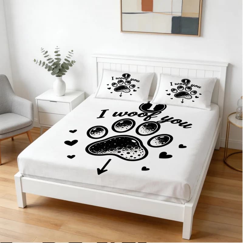 Set di Lenzuola con Stampa Zampa di Cane 'I Woof You', Set Biancheria da Letto Senza Imbottitura, Set Lenzuola a Tema Animali per Amanti dei Cani