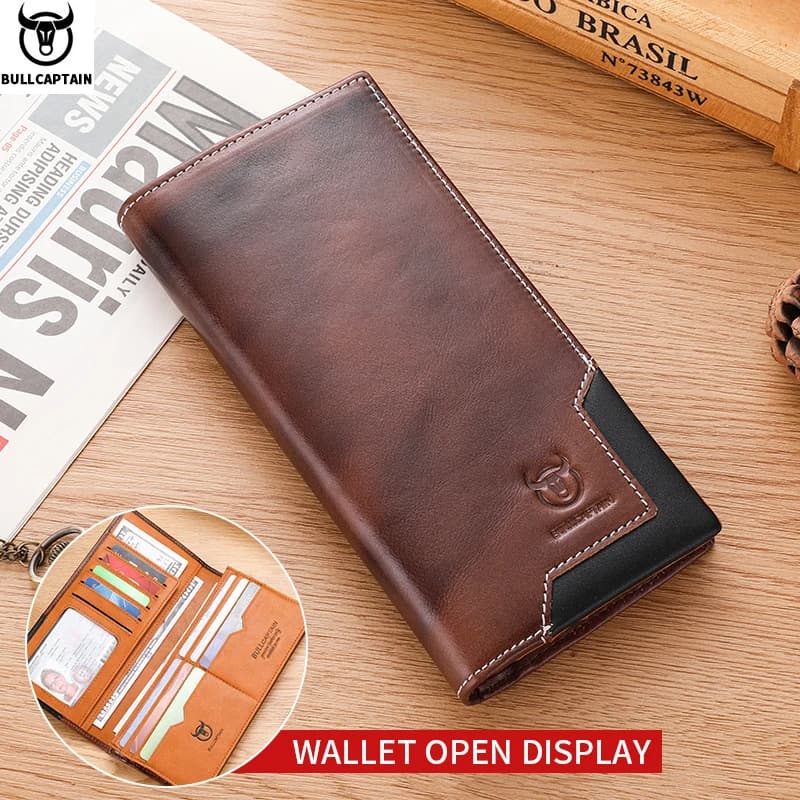 BULLCAPTAIN Borsa lunga da uomo in vera pelle Funzione RFID Porta carte di credito Porta carte Valuta in pelle Portafoglio multifunzionale