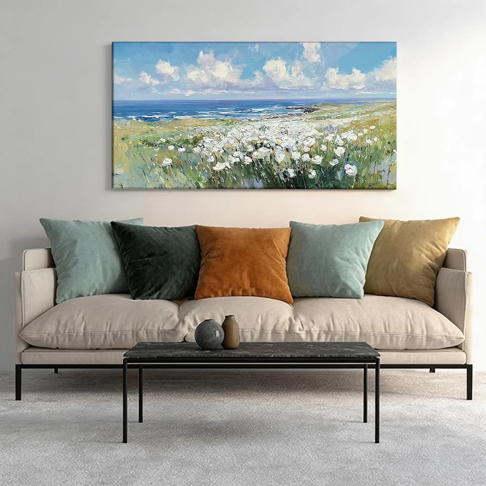 Painted on canvas with large wooden frame, 1 piece, coastal landscape, flowers, ocean.