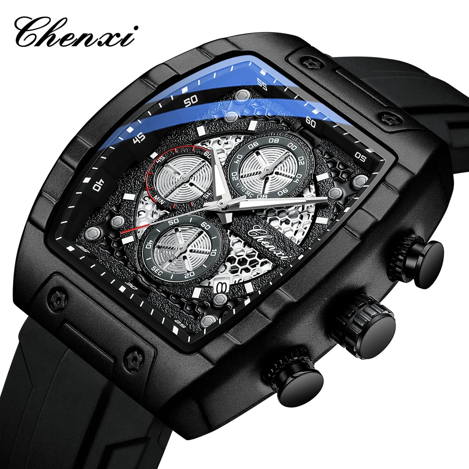Men's Watches Fashion Sport Silicone Strap Black Chronograph Date Quartz Watch Men CHENXI Brand Original
