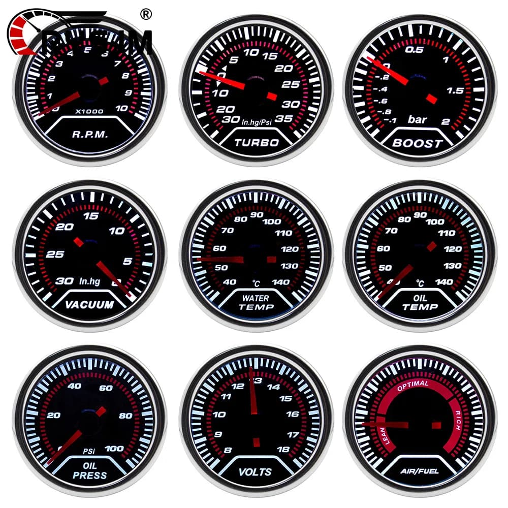 Manometro per auto da 52 mm, indicatore di aumento della barra, temperatura dell'acqua, temperatura dell'olio, pressione dell'olio PSI, tensione, giri/min, rapporto carburante aria, turbo, manometro