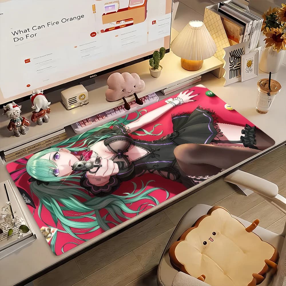 Tappetino per mouse da gaming, base antiscivolo, bordi cuciti, stampa ragazza anime con capelli verdi e fotocamera, tappetino per tastiera per gamer, ufficio, casa