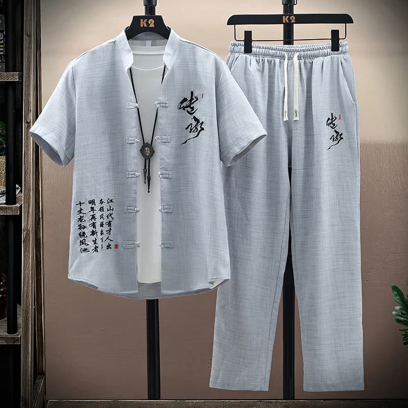 Completi casual da uomo, camicia + pantaloni, abbigliamento sportivo monopetto, set due pezzi da uomo, maniche corte, camicia con collo alto e pantaloni.