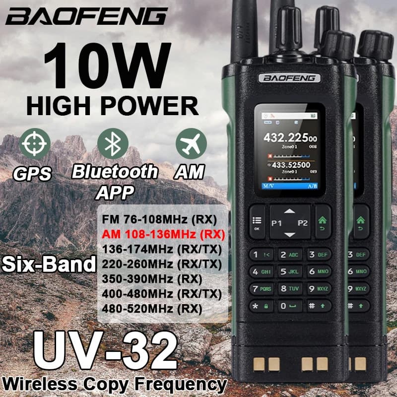 2PCS BAOFENG UV-32 GPS Walkie Talkie 10W AM Multi Band Bluetooth Programmazione Frequenza di copia wireless Lungo raggio Ham 2 vie Radio