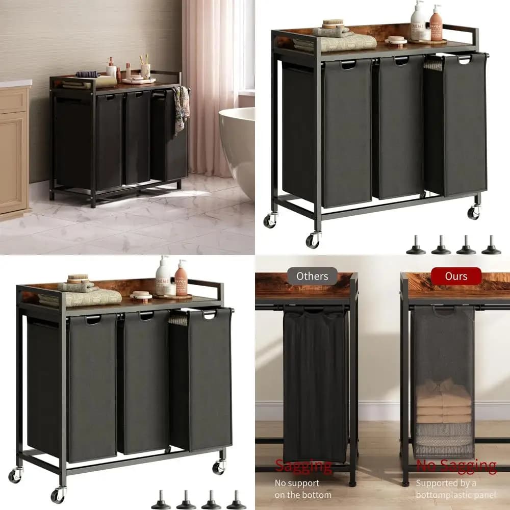 Cesto portabiancheria a 3 scomparti con sacchi rimovibili, ruote mobili, 3 x 15,87 galloni, marrone rustico + nero