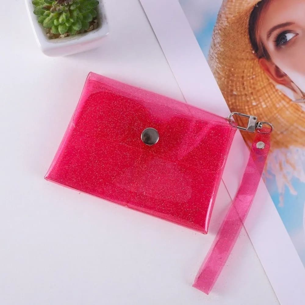 Portable PVC Coin Purse Double-layer Transparent Key Card Holder Colorful with Wrist Strap Lipstick Storage Bag