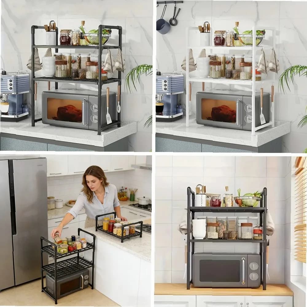 Heavy-Duty Adjustable Stackable Kitchen Rack: Microwave Stand, Spice Organizer with Hooks, Space-Saving Metal Shelves