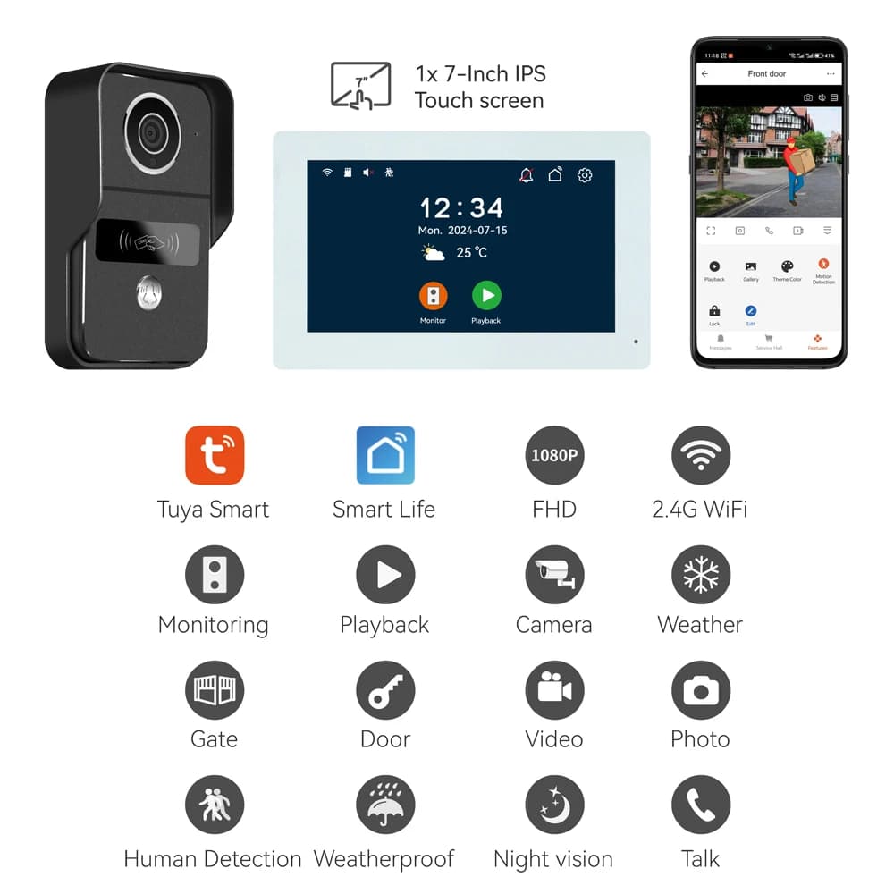 2MP 1080P 7 pollici IPS Schermo Rifd Telecomando Tuya APP Videocitofono WIFI IP Campanello Citofono Visual Door Viewer Camera