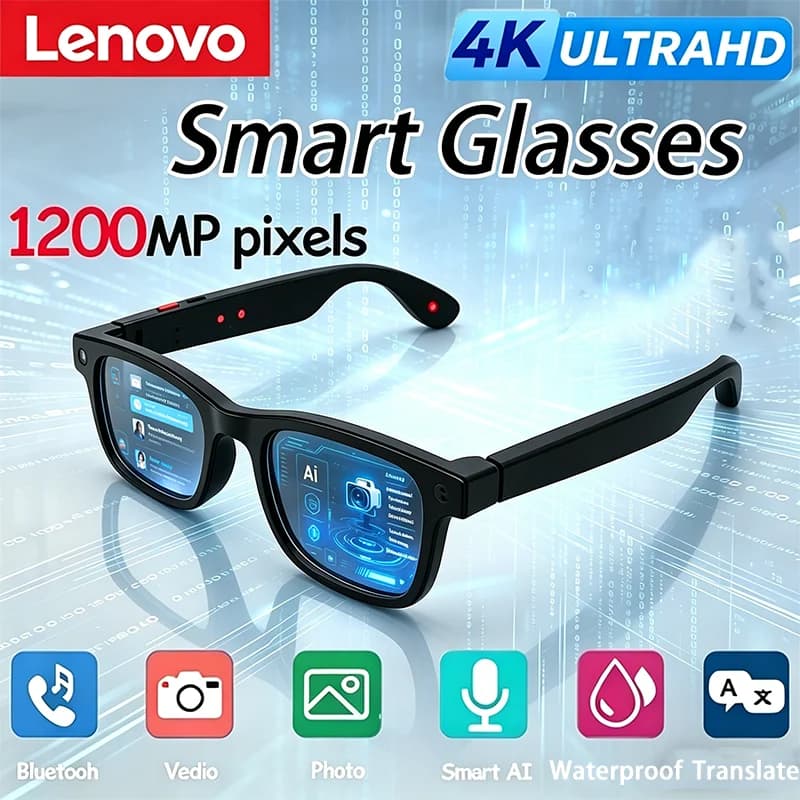 Occhiali Smart AI Lenovo con Fotocamera 1200W, Registrazione Foto e Video, Chiamate Vocali, Traduzione, Impermeabili, Bluetooth, per Moto