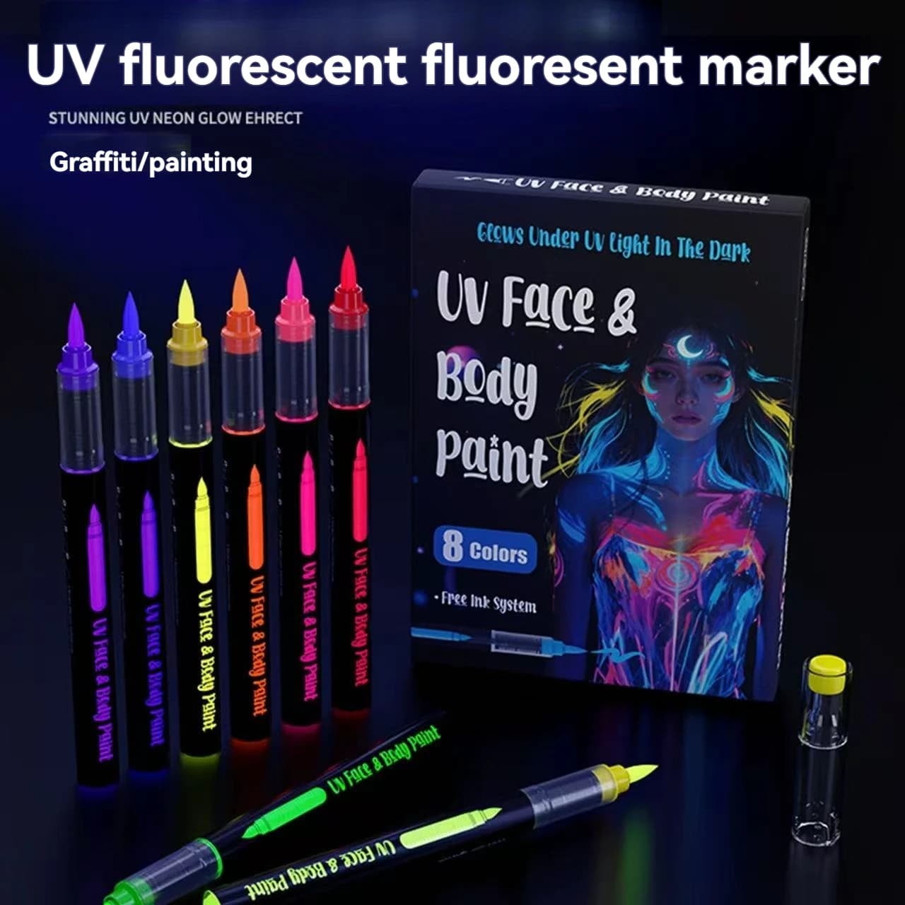 Pennarelli Fluorescenti UV a 8 Colori, Penne per Pittura Corporea Fluorescente, Penne per Tatuaggi Liquide Ecologiche Lavabili con Punta Morbida, Penne Fluorescenti per Graffiti e Pittura su Pelle per Festival, Escape Room e Feste