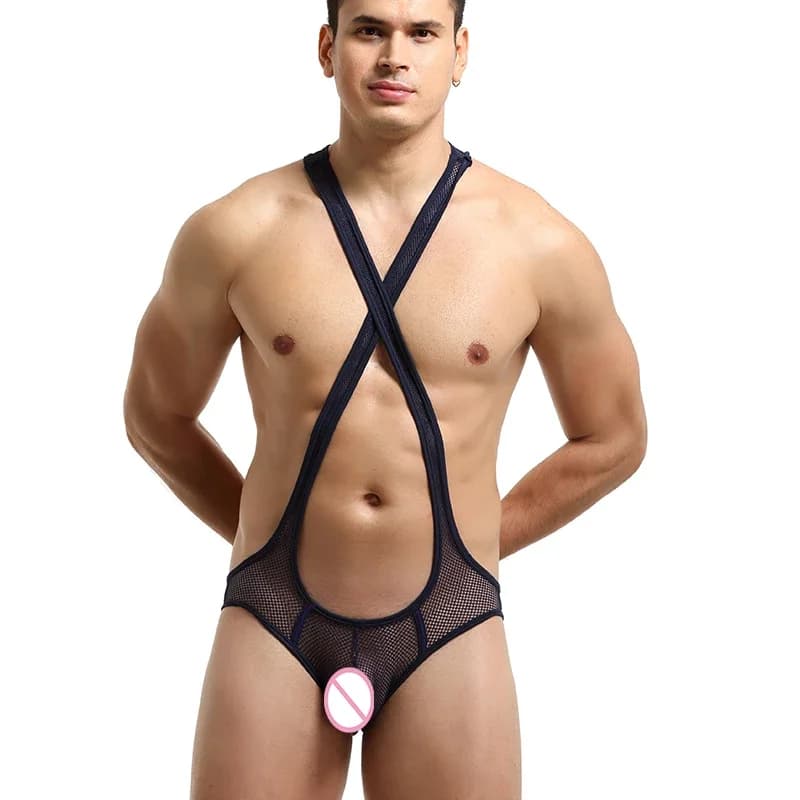 Mens Bodysuit Mesh Sheer One-piece Lingerie Sexy Gay Jockstrap Leotard Open Butt Jumpsuit Pajamas Erotic Underwear Man Sleepwear