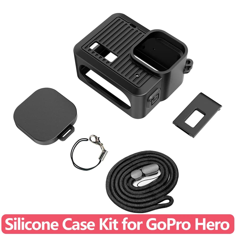 Custodia Protettiva 4-in-1 in Silicone per GoPro Hero con Copriobiettivo, Sportello Laterale Apribile per Ricarica USB-C e Laccetto da Polso