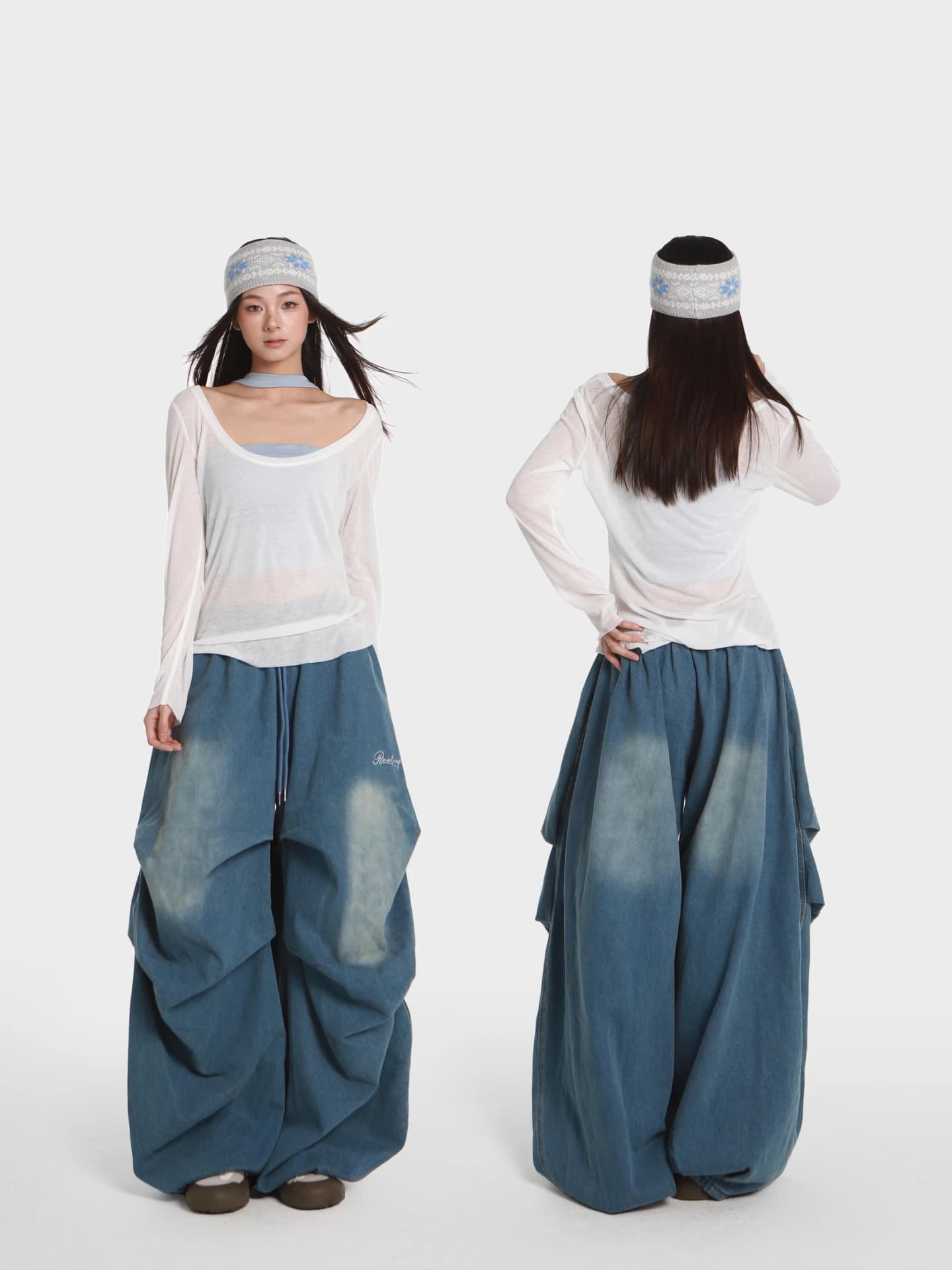 Jeans da donna Lin Xiaohua Dancing Jazz Kpop, bianchi con inserti blu, a vita larga, in denim elasticizzato, di tendenza