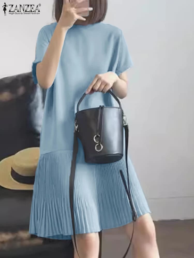 ZANZEA Casual Solid abito plissettato donna estate manica corta lunghezza al ginocchio Robe 2024 coreano allentato semplice Patchwork Vestido Oversize