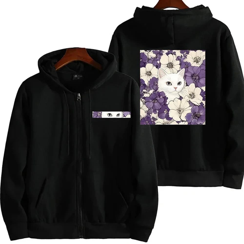 Cute Cat Print Hoodie Women Men Oversized Zip Up Sweatshirt Vintage Flower Graphic Hooded Jacket Harajuku Streetwear Pullover