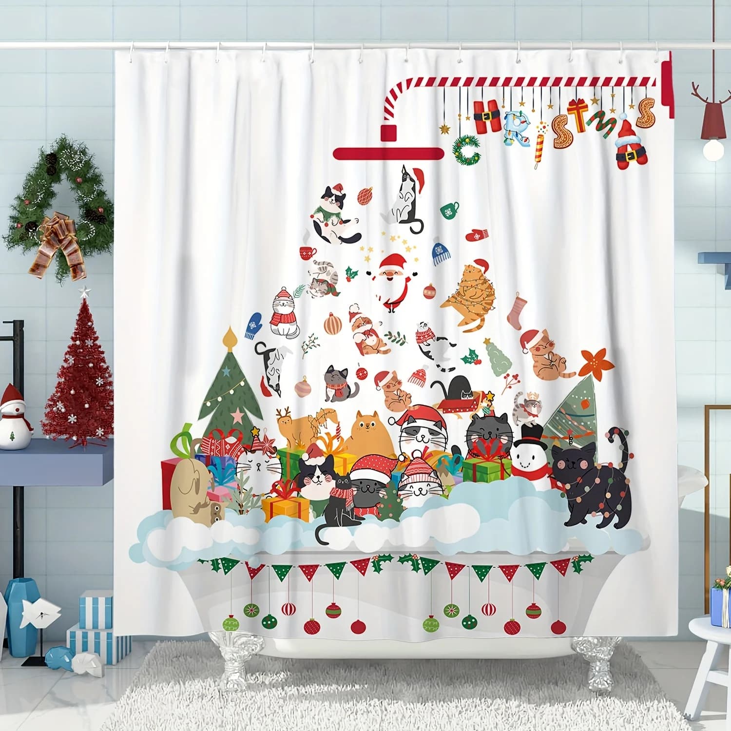 Elegante albero di Natale con ornamenti Tenda da doccia impermeabile: perfetta per l'aggiunta di allegria festiva per il bagno delle tue vacanzeDecor