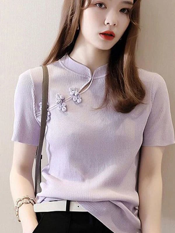 Fashionable High-End Knitted T-Shirt Spring 2026 Women's Design Style Qipao Collar Button Embellished Casual Wear Short Sleeve