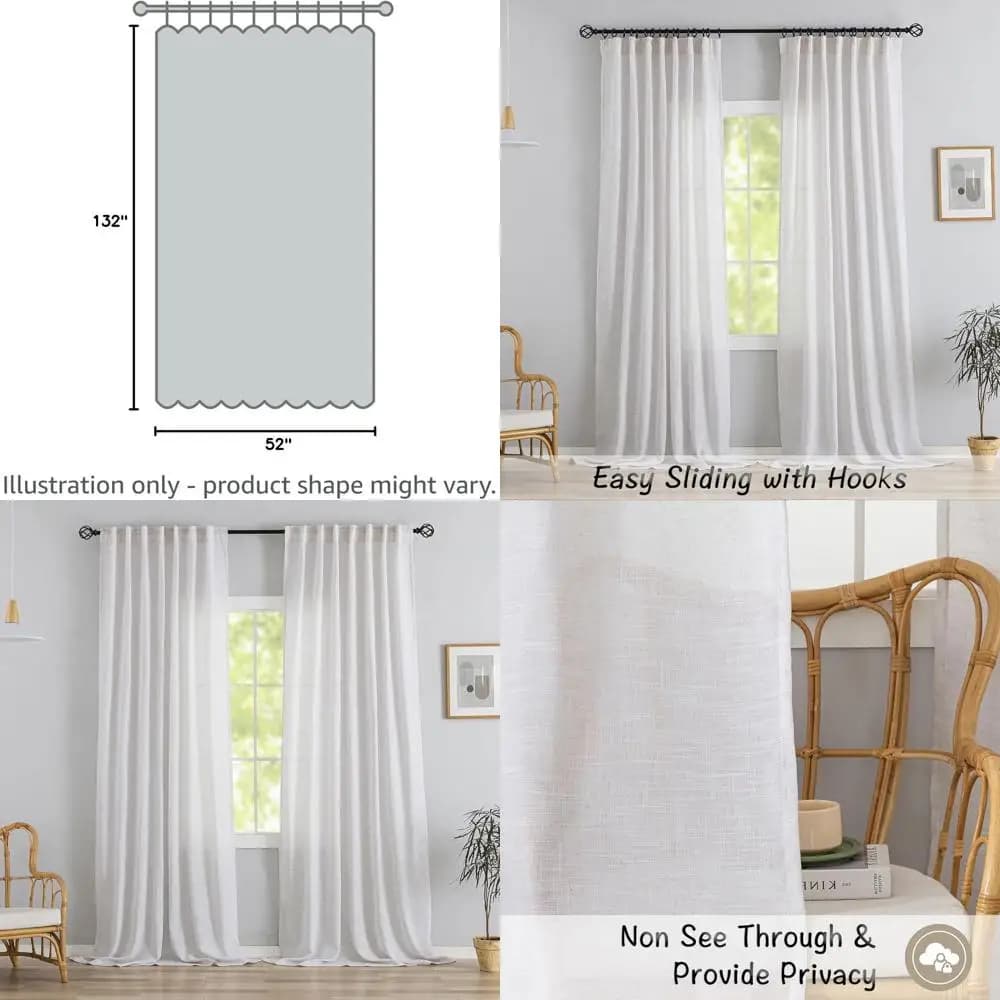 Extra Long White Linen Curtains with Back Languages, from 132 cm to Earth, 2 Pieces, with Pieghe a Pizzico, Filtranti la Luce per la Privacy