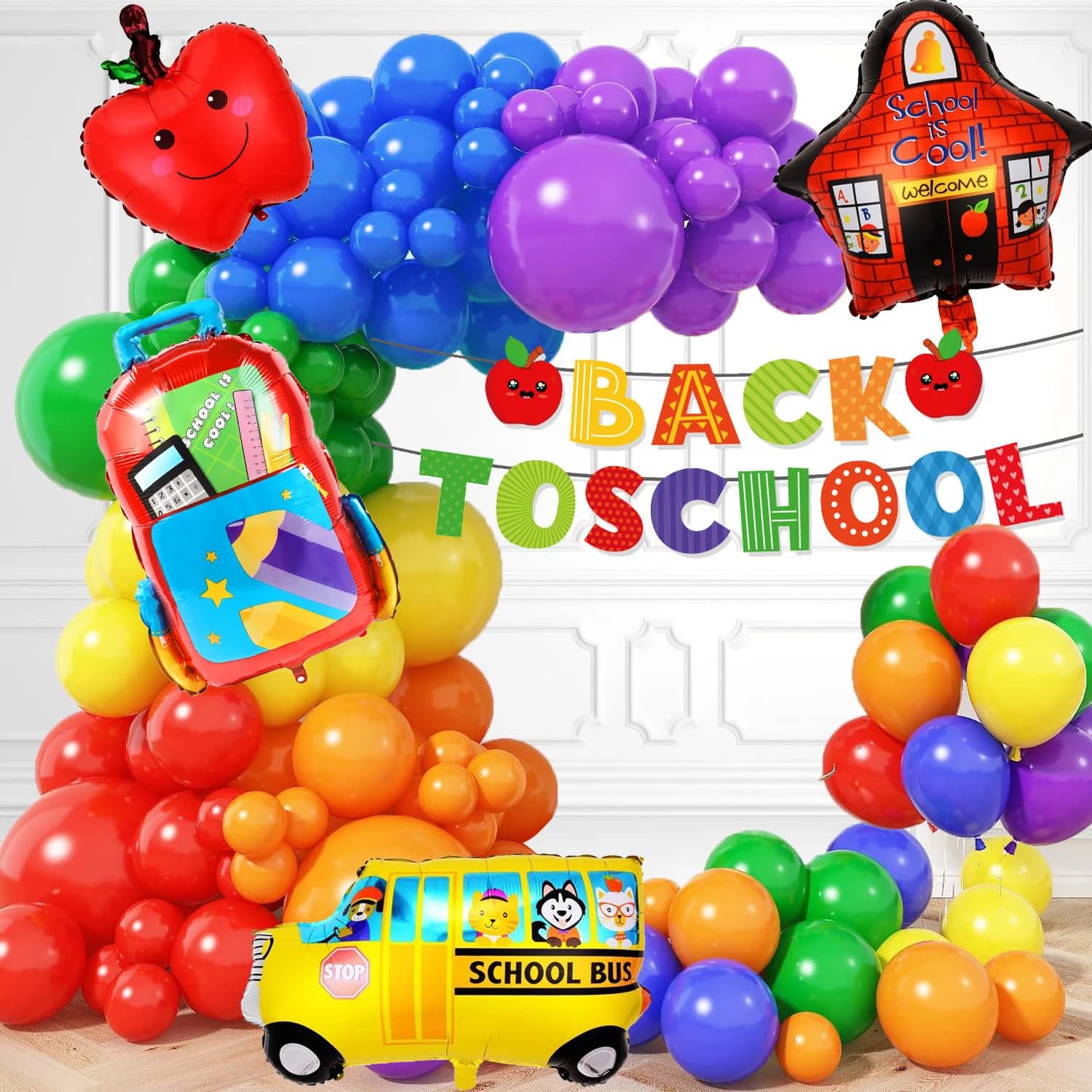 Benvenuto Kit arco palloncino per il ritorno a scuola con banner Zaino per scuolabus Palloncini arcobaleno mela Asilo Primo giorno della scuola