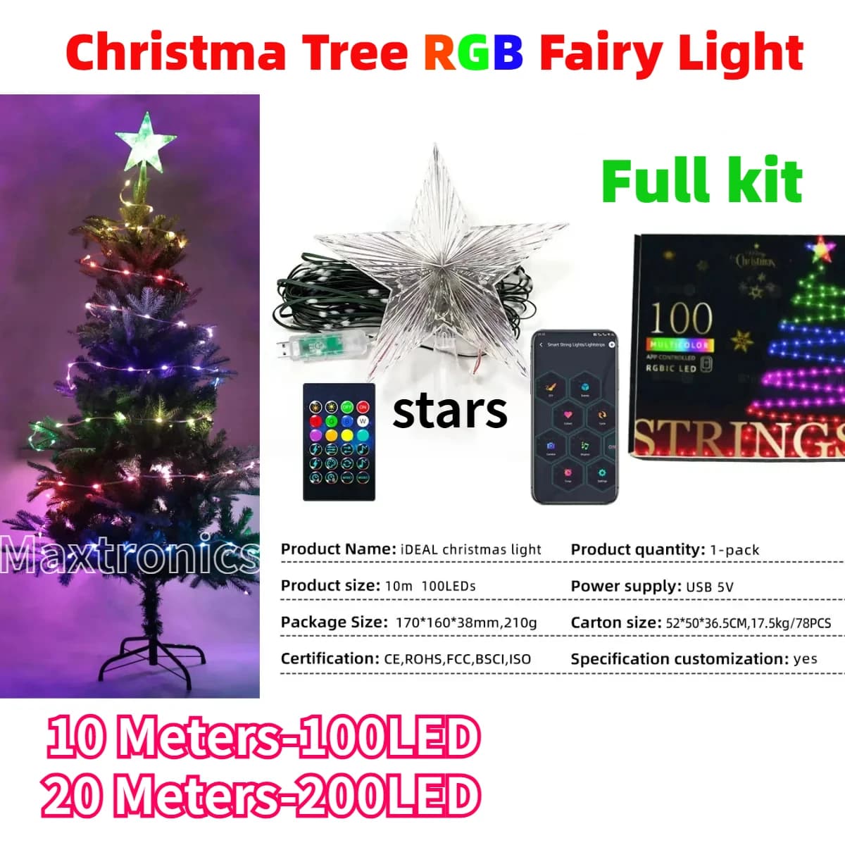 Filo verde chiaro da fata RGB per albero di Natale con luce da topper per albero stellare, telecomando USB, controllo Bluetooth intelligente per decorazioni luminose da festival