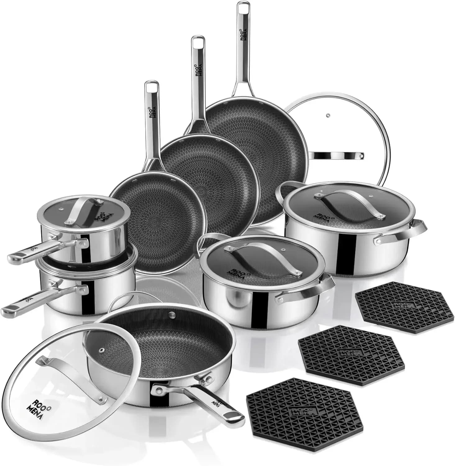 Set di Pentole e Padelle Ibride in Acciaio Inossidabile Antiaderente a Tre Strati da 17 Pezzi, Sicure per Lavastoviglie e Forno, Senza PFOA, Utensili in Metallo Inclusi