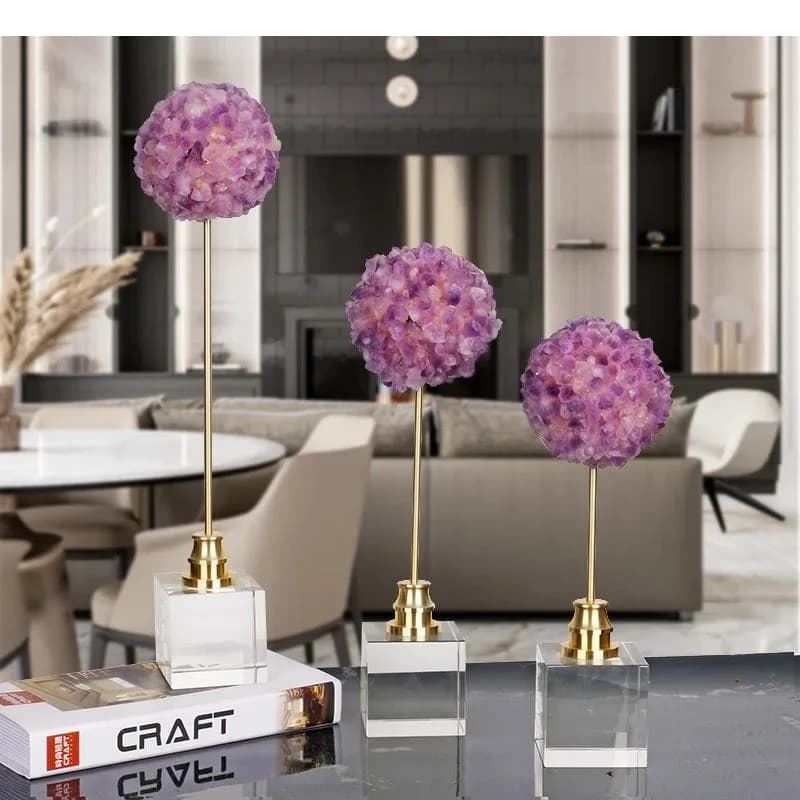 Fiore di cristallo Lampadine di ametista naturale Blowball Artigianato in metallo Scultura artificiale Figurine decorative