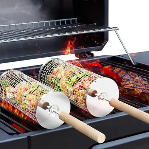 Cestello per Griglia Girevole con Manico in Legno - Set di Utensili BBQ in Acciaio Inox 304 per Cucina all'Aperto e Regali da Campeggio